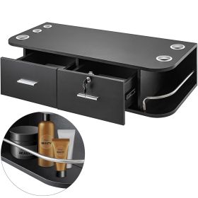 VEVOR Black Wall Mount Styling Station Classic Locking 2 Drawers Storage Beauty Salon Equipment 5 Hair Dryer Holes Locking Cabinet for Beauty Sal