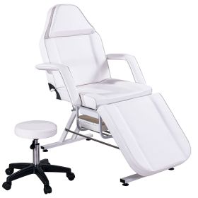 Massage Salon Tattoo Chair with Two Trays Esthetician Bed with Hydraulic Stool;  Multi-Purpose 3-Section Facial Bed Table;  Adjustable Beauty Bar (Color: White)