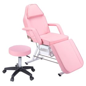 Massage Salon Tattoo Chair with Two Trays Esthetician Bed with Hydraulic Stool;  Multi-Purpose 3-Section Facial Bed Table;  Adjustable Beauty Bar (Color: Pink)